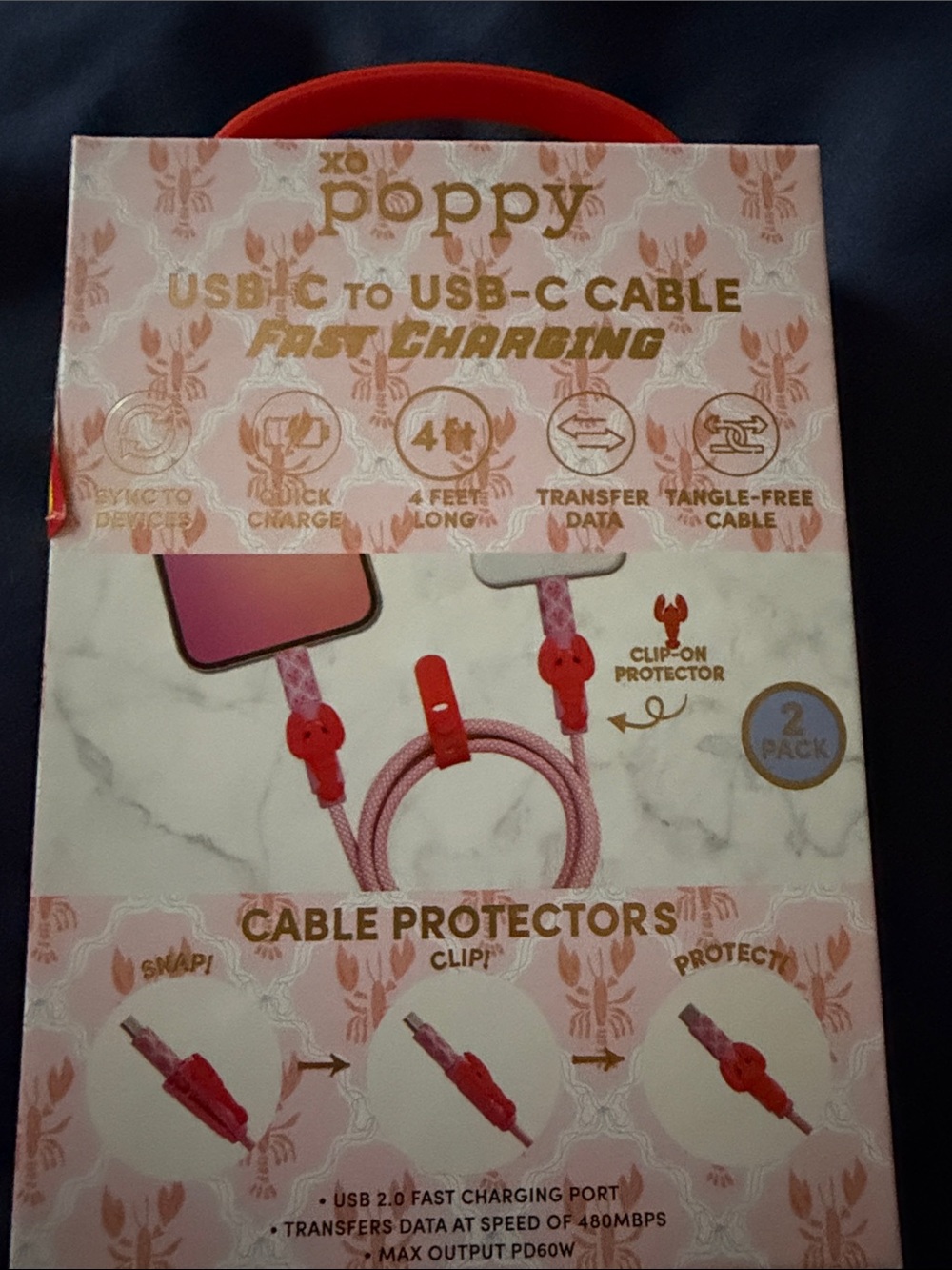 Poppy USB-C Lobster Fast Charging Cable with Clip Protectors - Pink - Picture 4 of 5